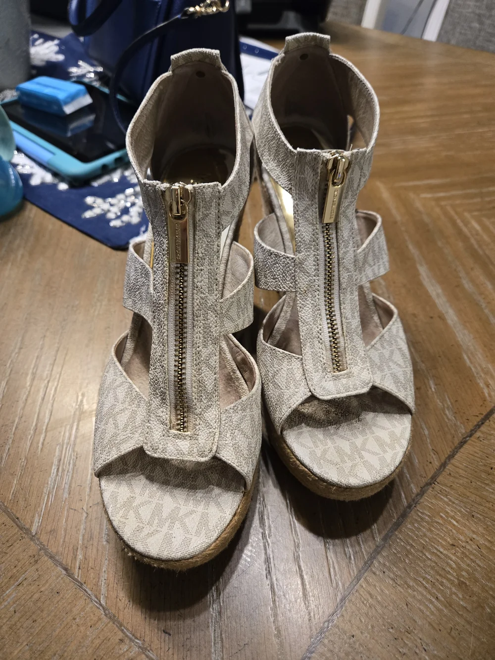 Michael Kors Beige Signature Espadrille Wedge Sandals 9.5